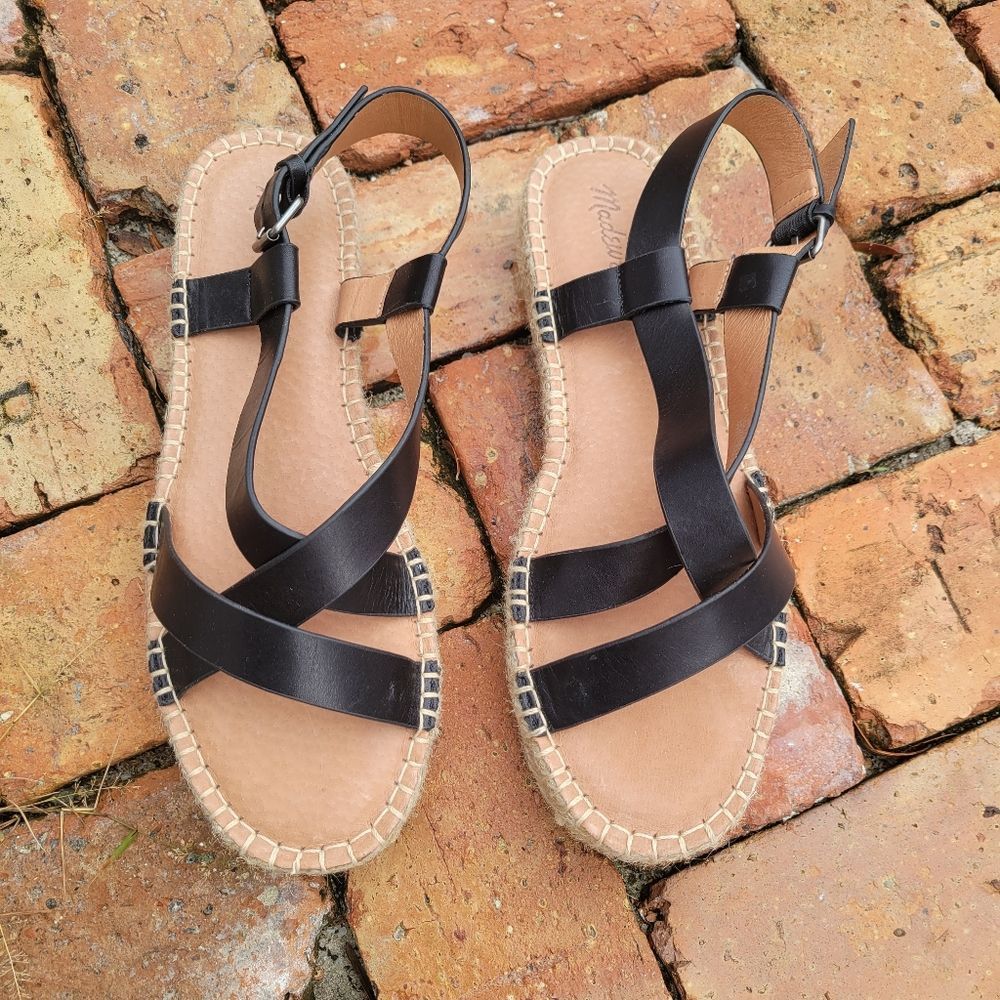 MADEWELL Black leather sandals espadrille natural strappy Sz 10